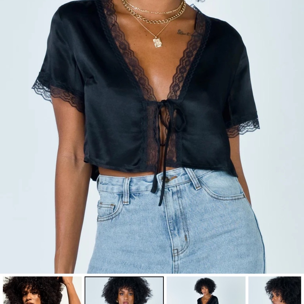 Princess Polly Black Lace Trim Satin Top